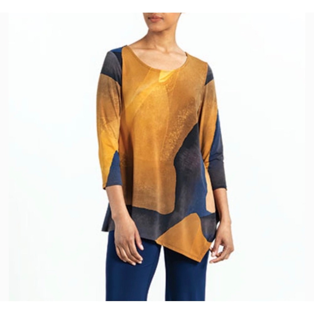 Clara Sunwoo Women 1X Abstract Colorblock Asymmetrical Sharkbite Tunic Top Brown